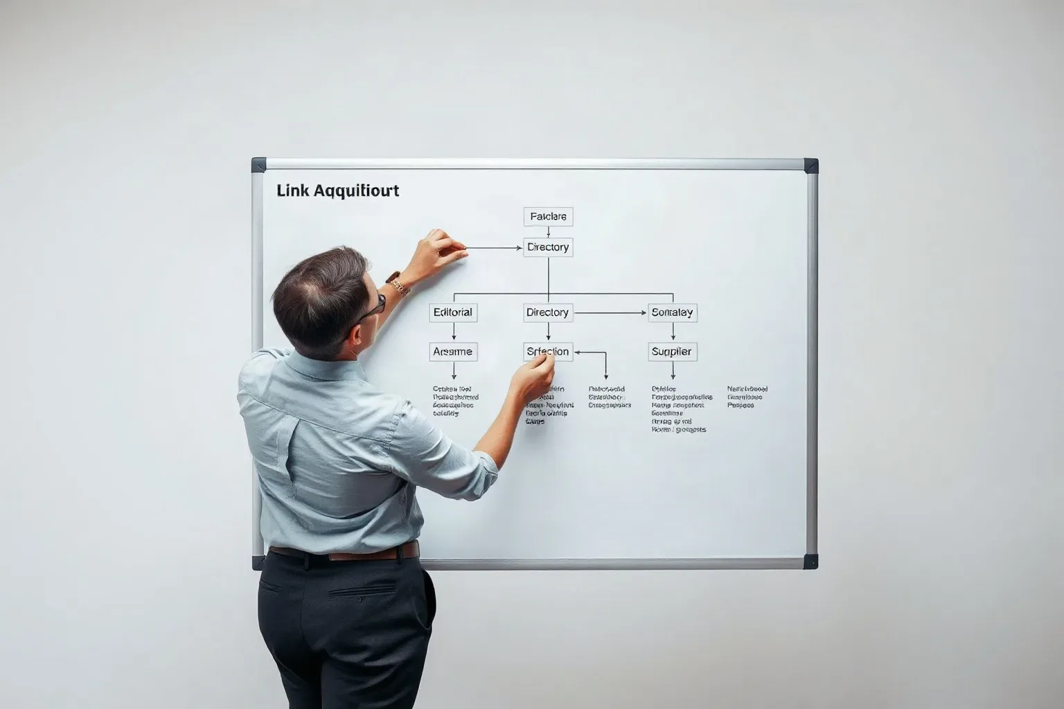 A person writes on a whiteboard covered in a flowchart diagram in an plain interior