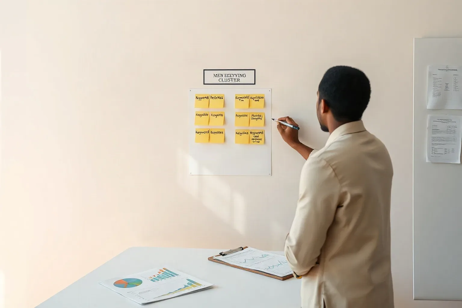 A marketing professional at a wall planning area arranging sticky-note keyword clusters into three vertical tiers labelled by acquisition difficulty while printed analytics charts are weighted flat on the desk below
