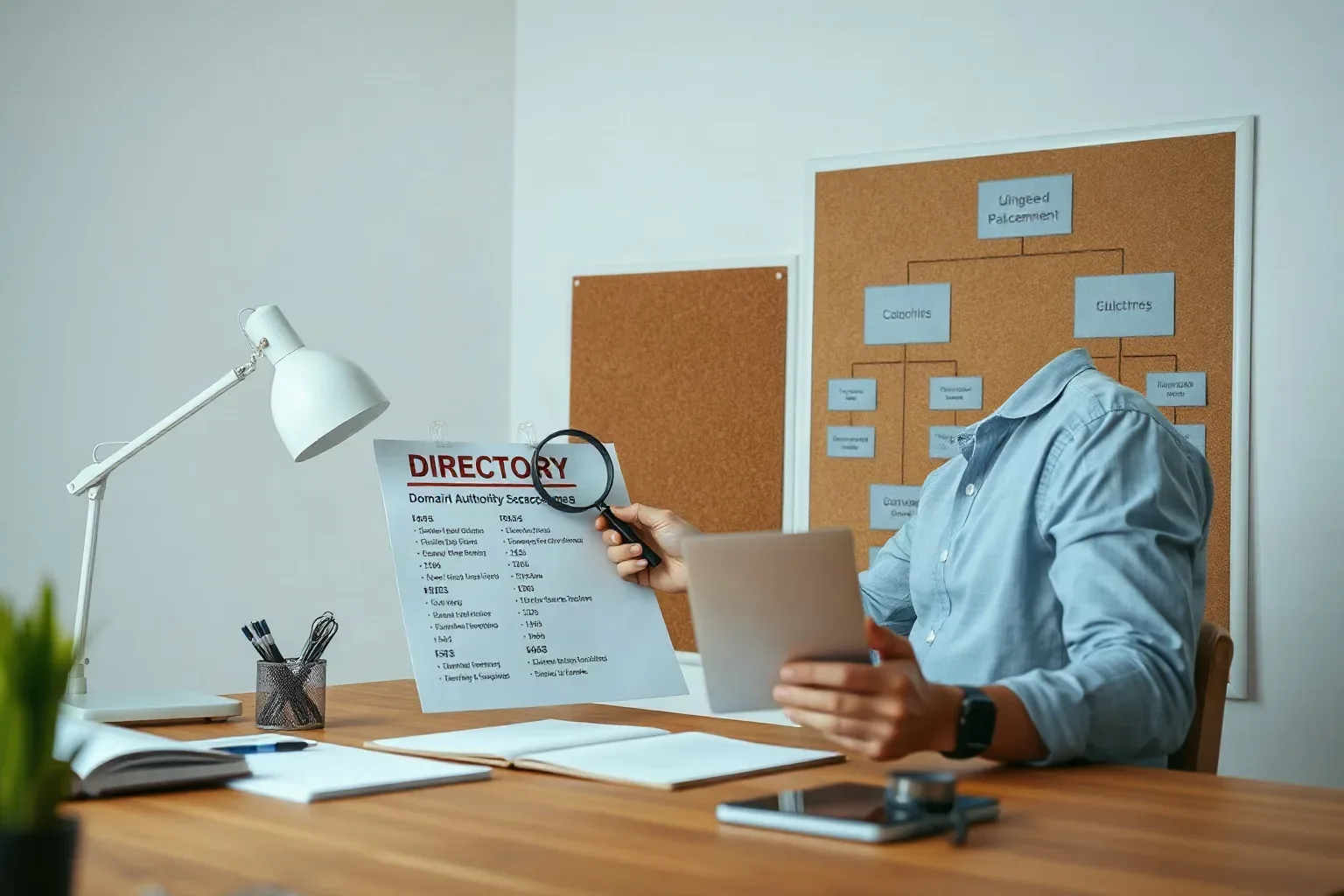 A marketing professional seated at a desk pressing a magnifying glass onto a printed document listing directory domain-authority scores while a structured flowchart diagram on the corkboard shows niche-placement priorities
