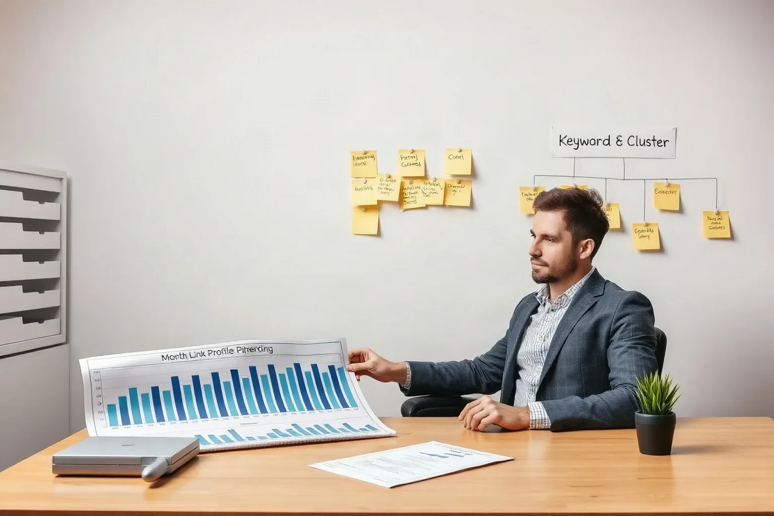 A marketing professional at a desk lining up several printed bar charts in sequence to compare monthly link-profile growth while a sticky-note keyword cluster hierarchy organises link quality categories on the wall
