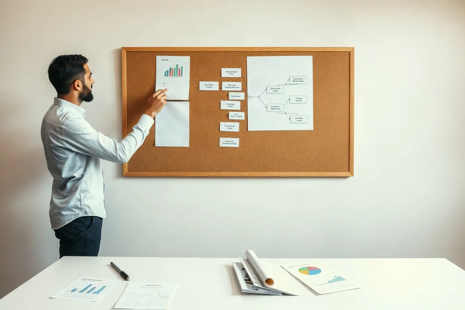 A person in a white shirt pins papers to a cork noticeboard covered with notes and a flowchart diagram, with charts and documents on the desk in front