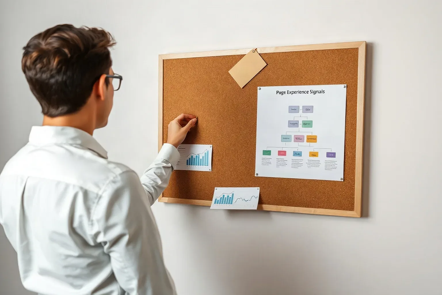 A person in a white shirt pins a small chart to a cork board that already holds a colourful flowchart diagram and another graph