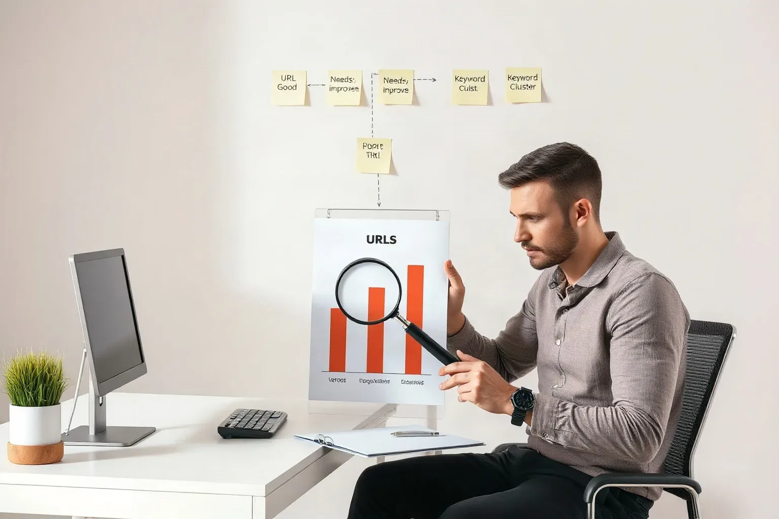 A marketing professional seated at a desk pressing a magnifying glass onto a printed bar chart that divides URLs into good, needs-improvement, and poor performance bands while a sticky-note keyword cluster hierarchy labels each band on the wall above