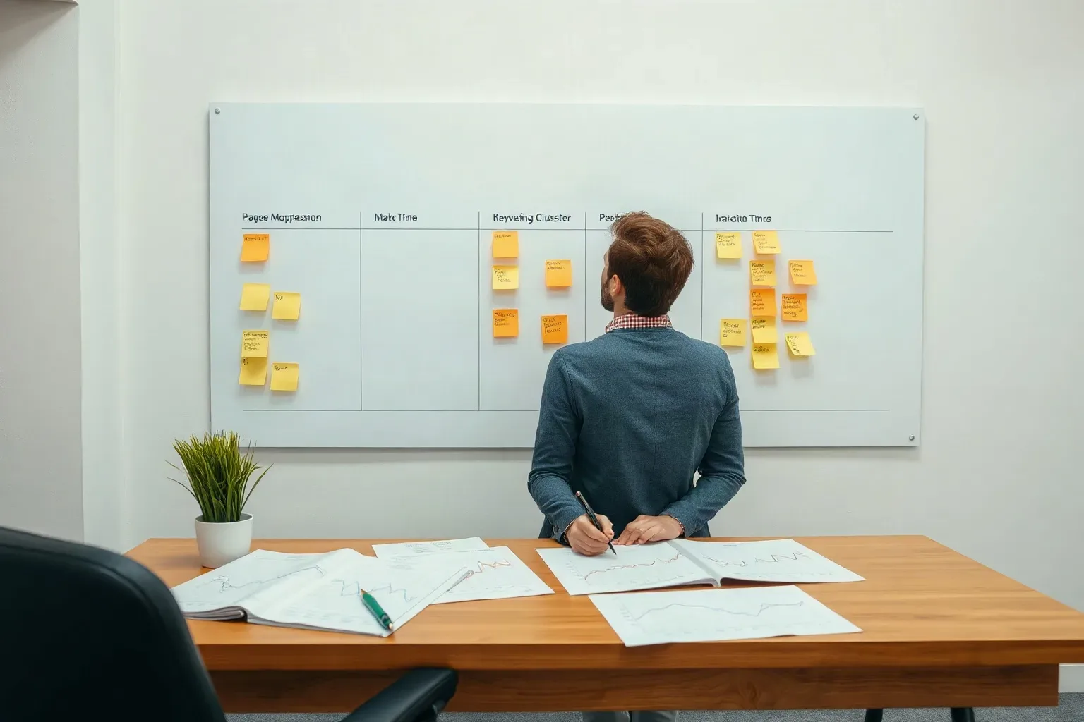 A marketing professional at a wall planning area writing image-compression and render-blocking sticky notes and grouping them into a prioritised keyword cluster hierarchy while printed line charts showing load-time trends are spread on the desk