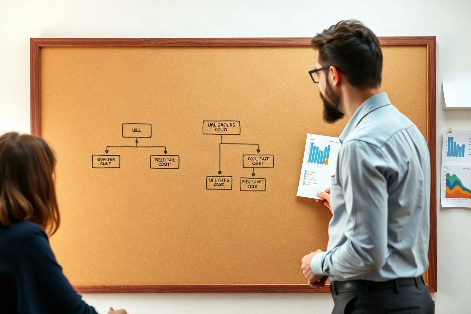 Two people stand before a corkboard covered in hand-drawn flowchart diagrams, with one person holding a printed chart showing bar and line graphs