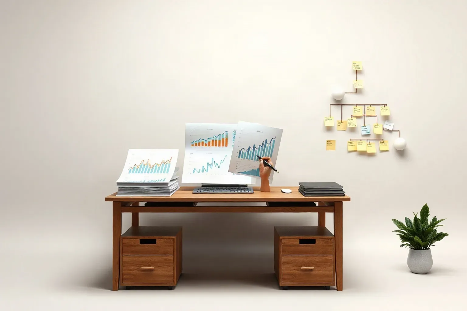 A marketing professional at a desk stacking printed analytics charts into a before-and-after arrangement and marking the performance gap with a pen while a sticky-note keyword cluster hierarchy on the wall groups the relevant optimisation actions