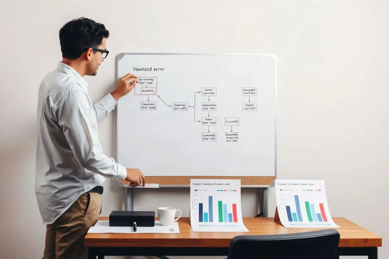A person in business-casual attire writes on a whiteboard showing a flowchart diagram, beside a desk with bar chart printouts and a coffee mug