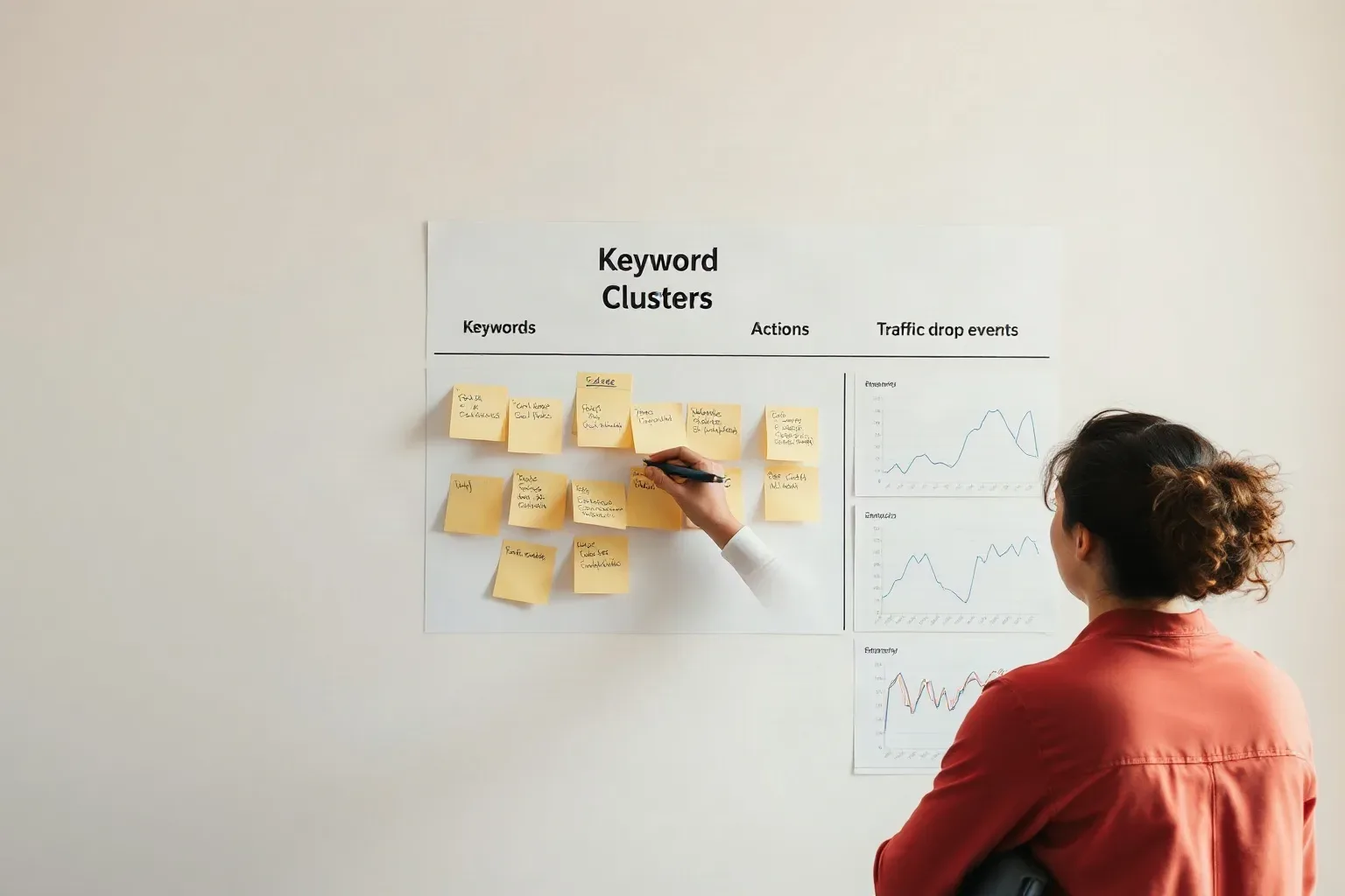 A person in a red top writes on a sticky note attached to a wall-mounted board covered in yellow sticky notes and line graphs