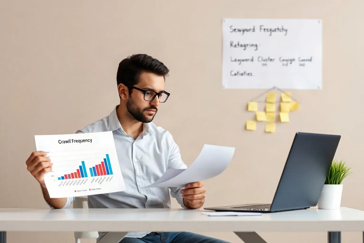 A marketing professional seated at a desk comparing two printed bar charts that show crawl-frequency data before and after URL-blocking changes while a sticky-note keyword cluster hierarchy on the wall groups low-value URL categories