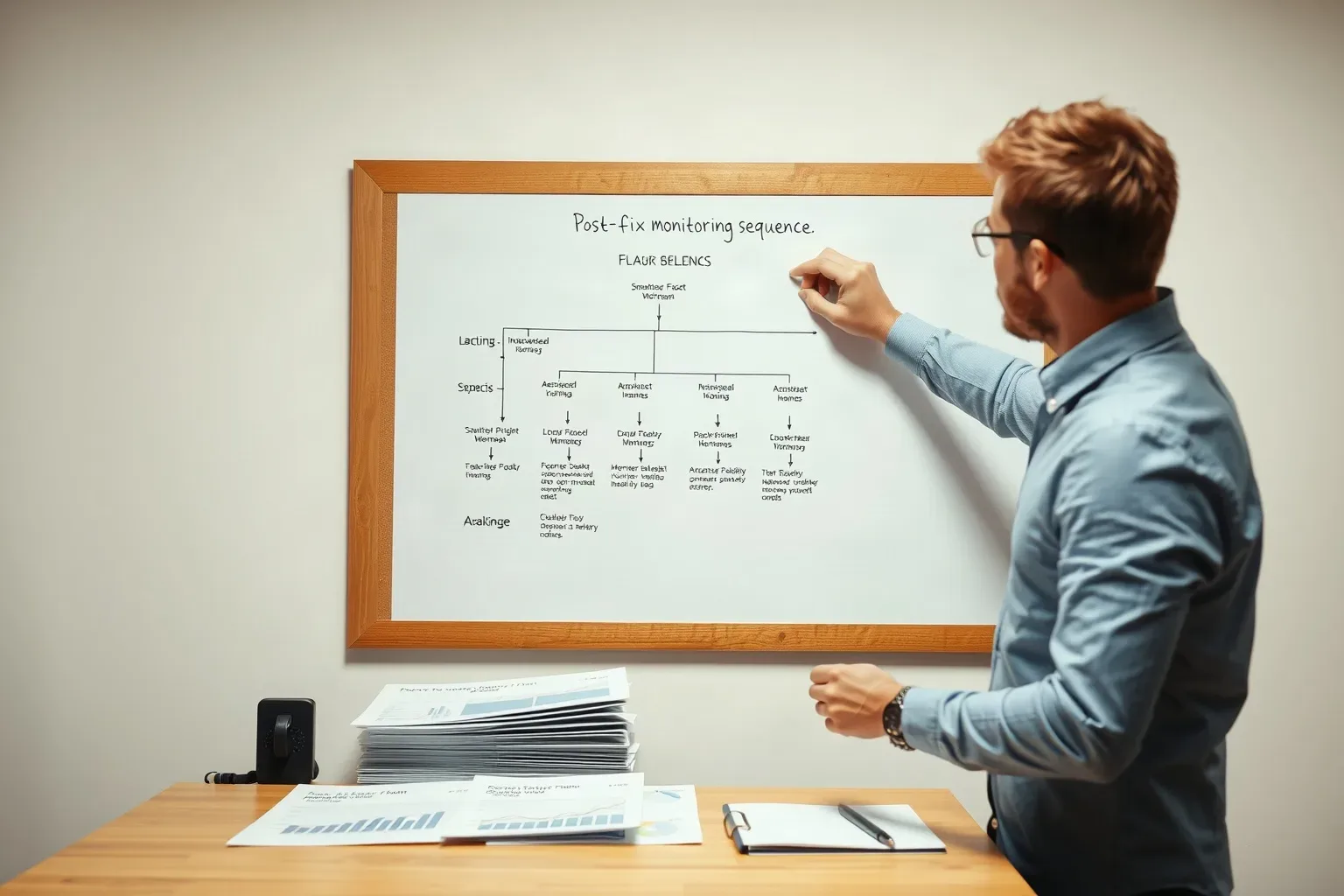 A person writes on a whiteboard covered in a flowchart diagram, standing beside a desk scattered with printed papers and charts