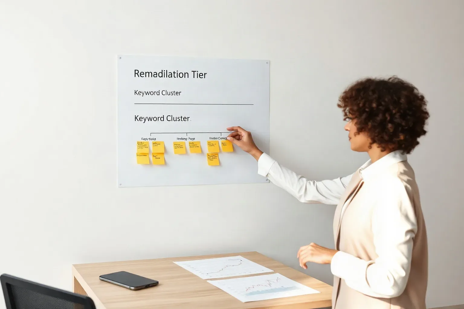A person in business-casual attire arranges yellow sticky notes in a cluster hierarchy on a wall-mounted board beside a desk holding printed charts