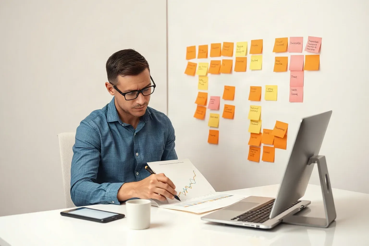 A marketing professional seated at a desk annotating a printed line chart showing traffic trends by page type while sticky-note keyword clusters grouped by category are arranged on the wall behind