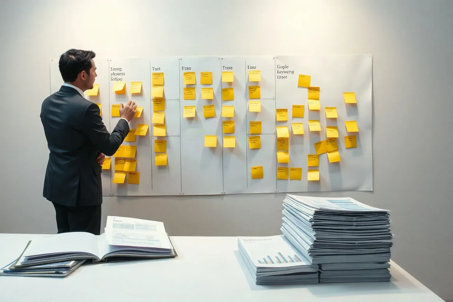 A person in a dark suit arranges yellow sticky notes across a large wall-mounted grid while documents and stacked papers sit on a desk in the foreground
