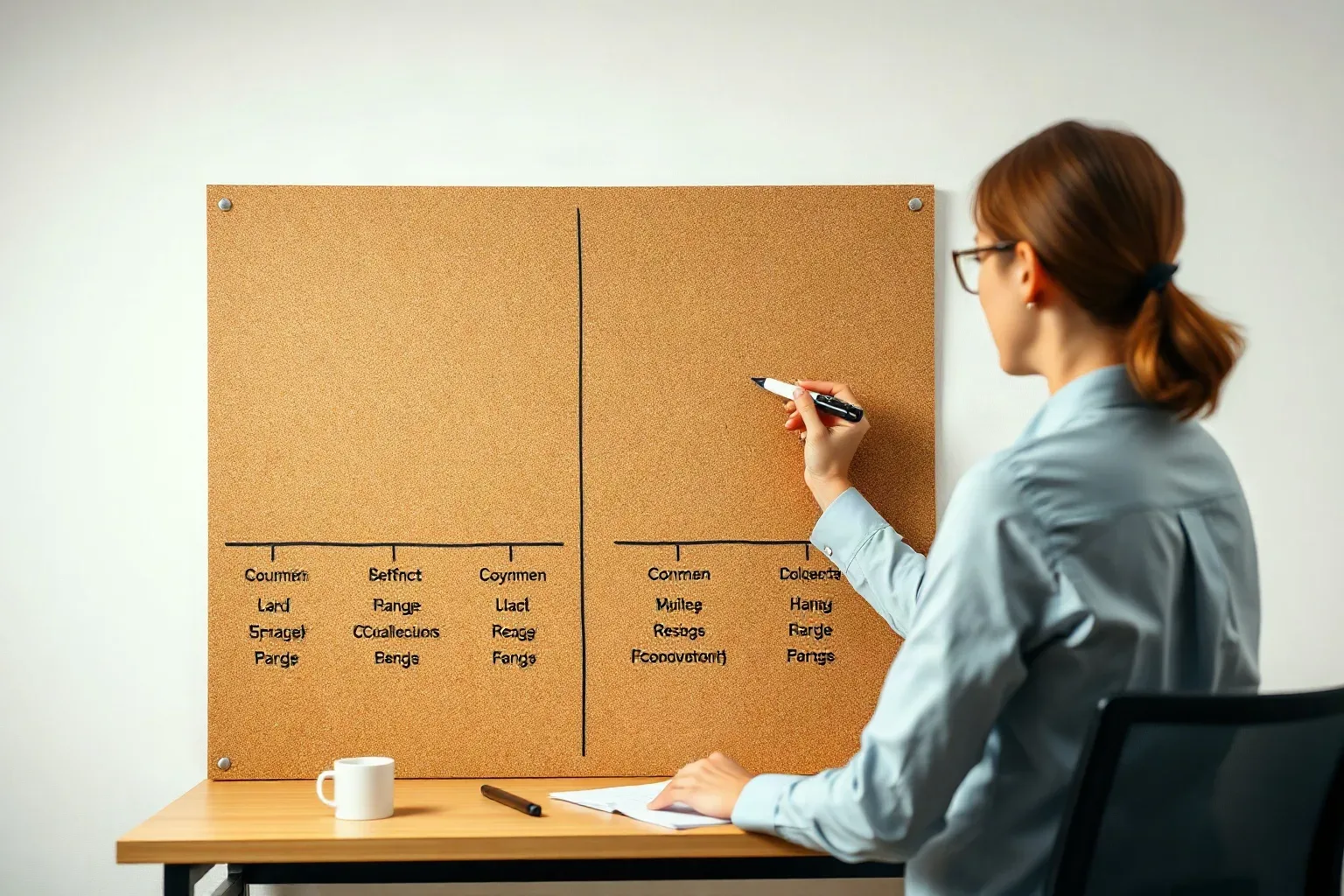 A person sits at a desk writing on a cork board divided into columns with a marker, with a mug and notepad on the desk nearby