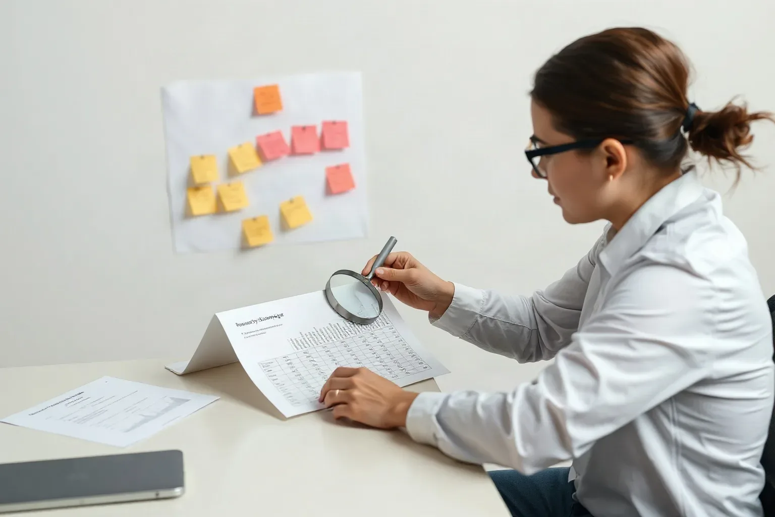 A marketing professional at a desk pressing a magnifying glass onto a printed analytics document open to a revenue-by-landing-page table while a sticky-note keyword hierarchy is visible on the wall