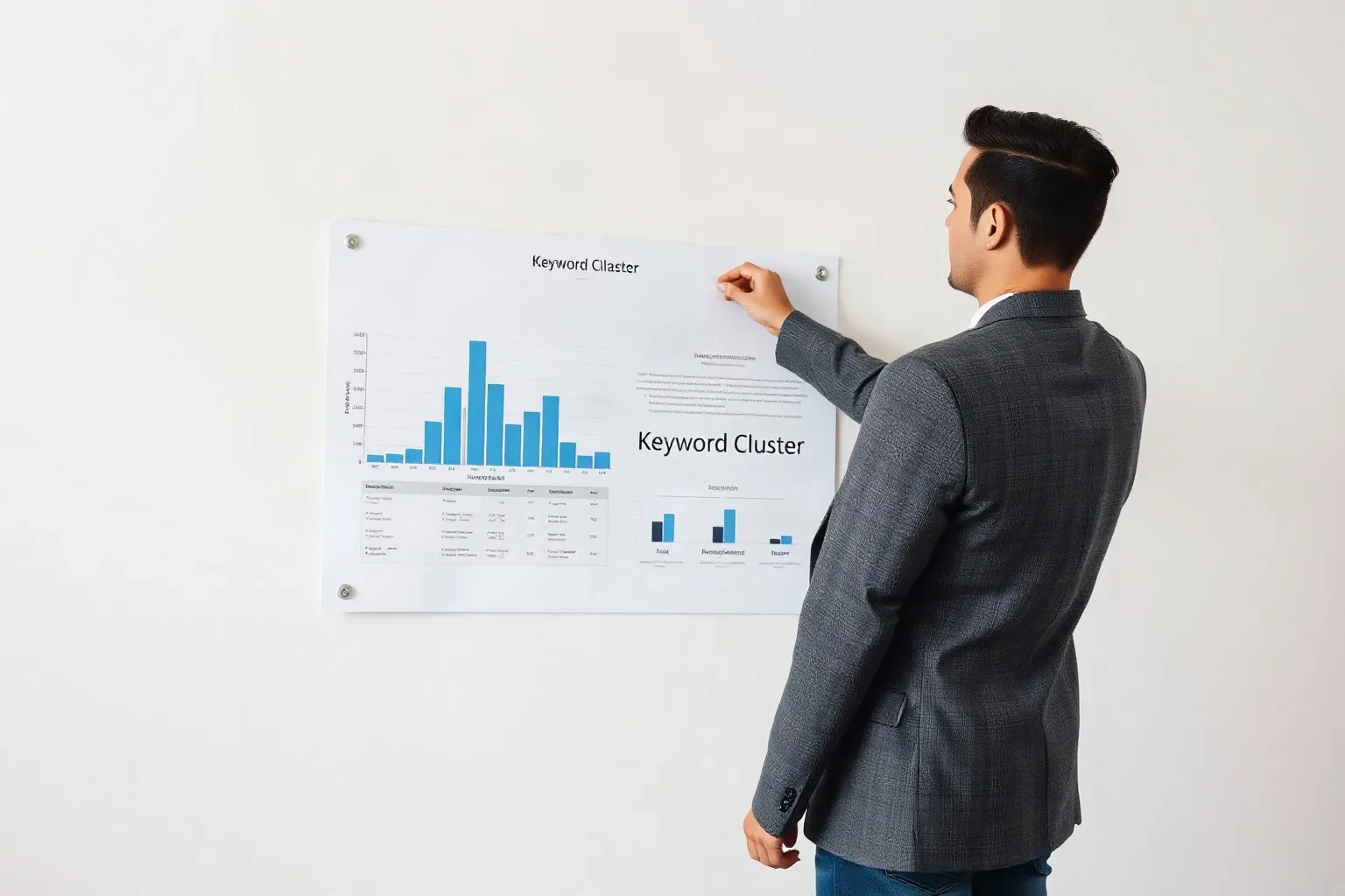 A person in a grey blazer points at a wall-mounted board displaying bar charts and data tables