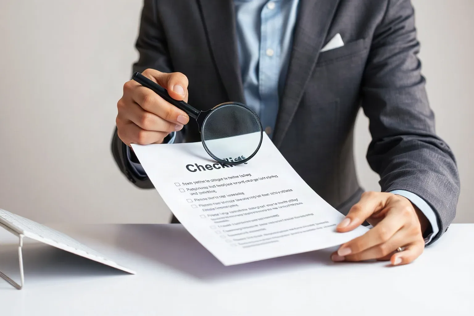 A person in a suit holds a magnifying glass over a checklist document at a desk