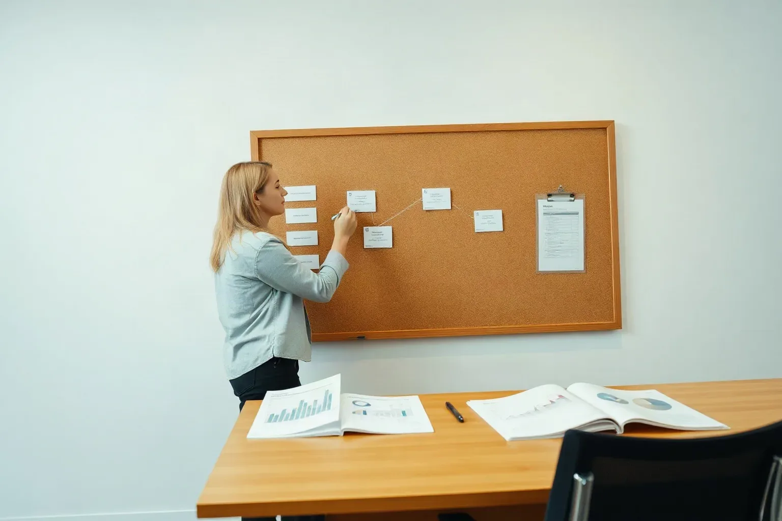 A marketing professional standing at a corkboard drawing connector lines between boxes on a structured flowchart diagram with a marker while printed analytics charts rest on the desk to one side