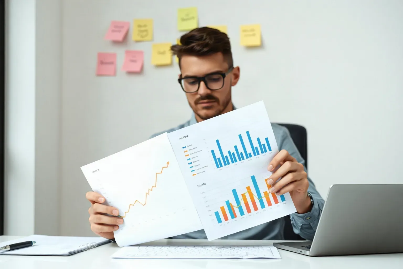 A marketing professional seated at a desk fanning several printed analytics charts side by side and comparing their bar columns while sticky notes with category labels are clustered on the wall above