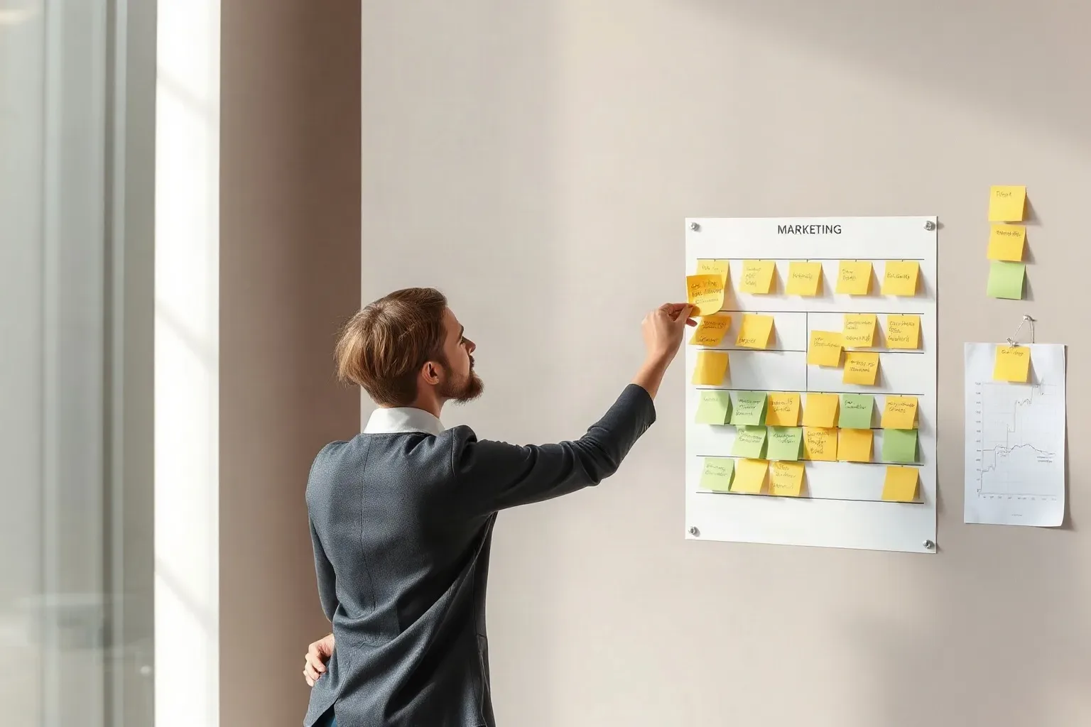 A person in business-casual attire places a sticky note onto a wall-mounted planning board covered in coloured sticky notes labelled 'Marketing