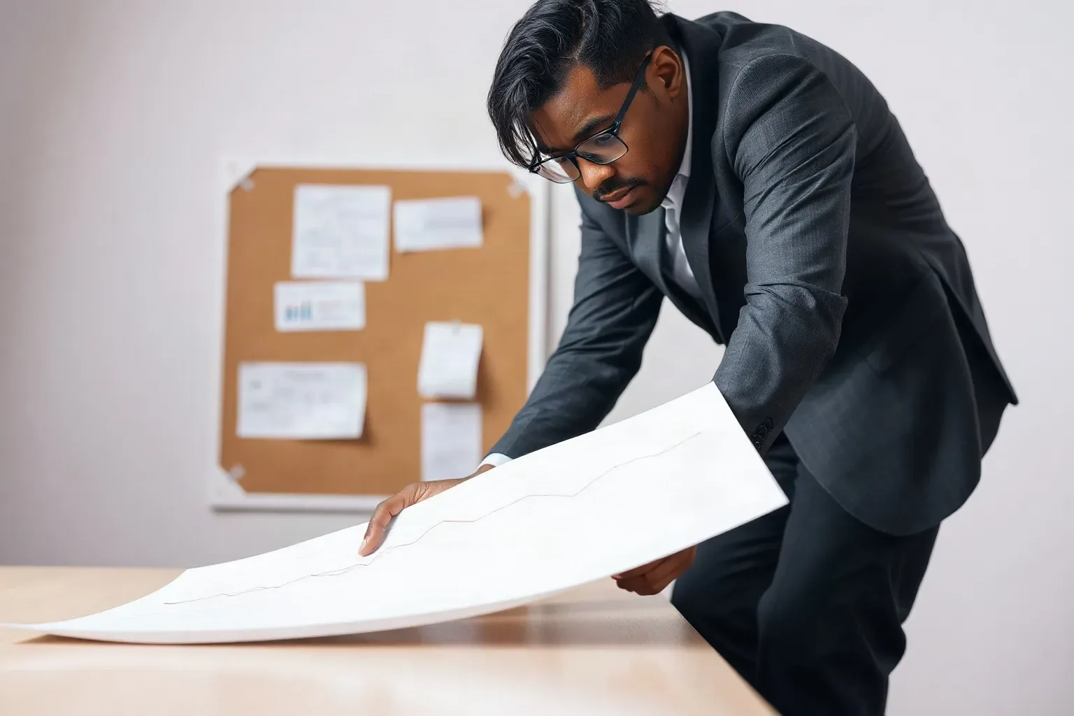 A marketing professional leaning over a desk and running a finger along the horizontal axis of a printed line chart while a structured flowchart diagram is visible pinned to the corkboard behind