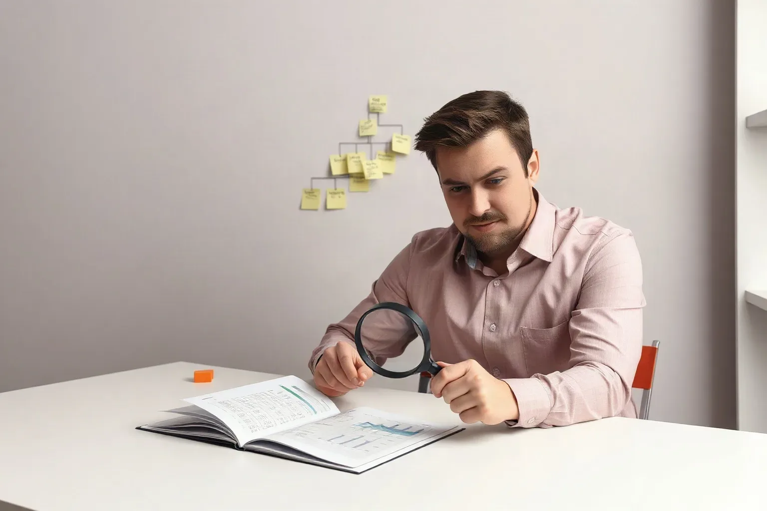 A marketing professional seated at a desk with a magnifying glass poised over a printed analytics document open to a table of figures while a sticky-note keyword hierarchy fills the upper portion of the wall