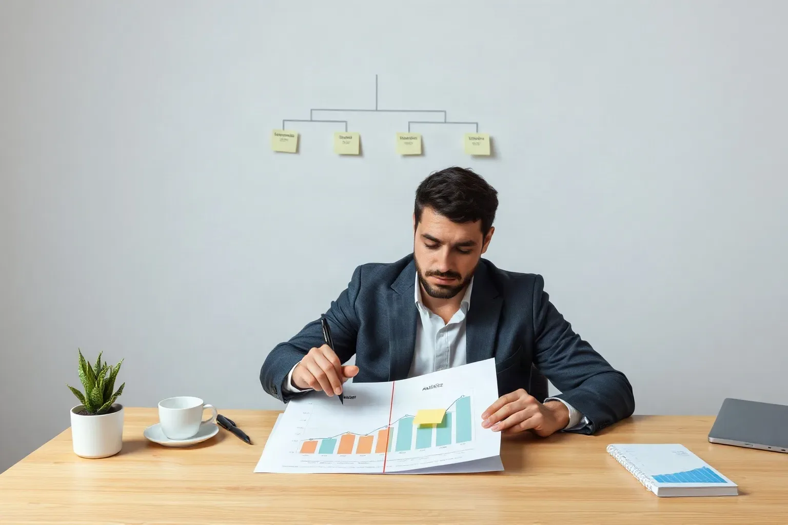 A marketing professional seated at a desk drawing a dividing line across a printed analytics chart and labelling each half with a sticky note while a keyword cluster hierarchy is arranged on the wall above