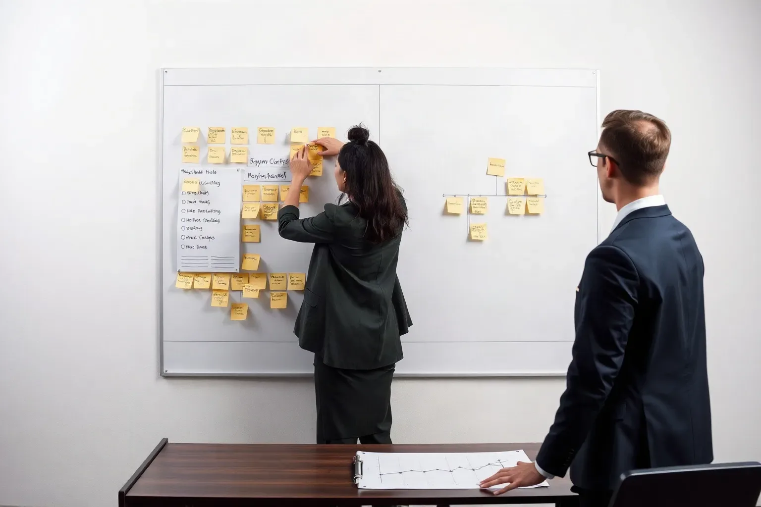 Two people in business attire stand before a whiteboard covered in yellow sticky notes arranged in clusters, with one person placing a note on the board