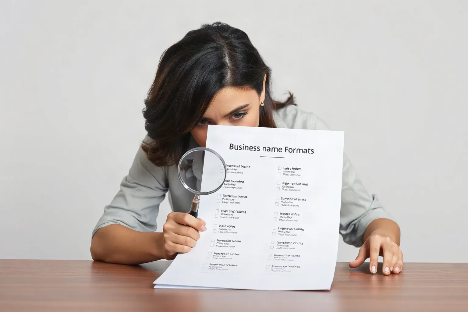 A person holds a magnifying glass up to a printed document titled 'Business name Formats' whilst leaning over a wooden desk