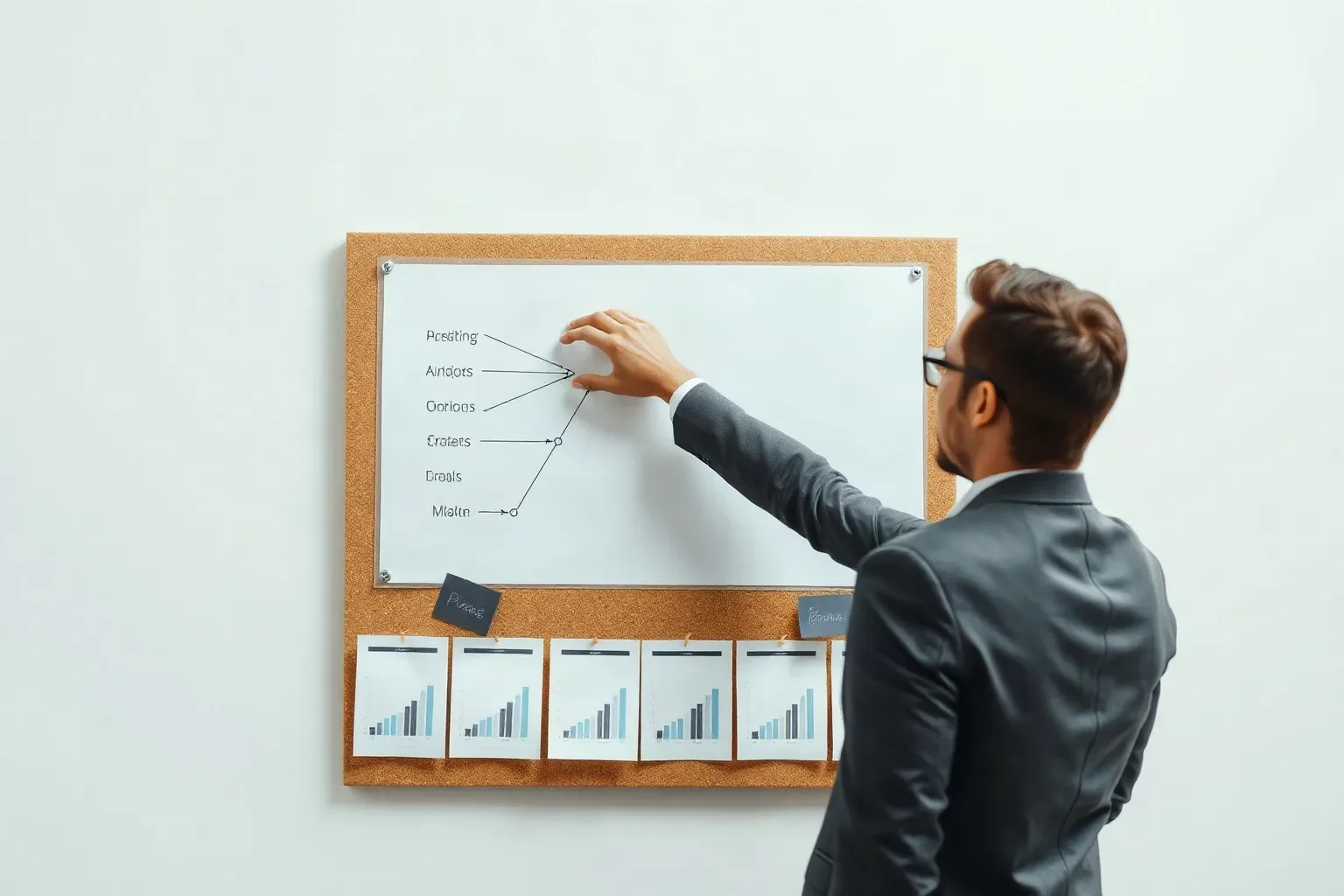 A person in a suit points at a diagram on a sheet of paper pinned to a corkboard, which also has bar chart printouts attached below