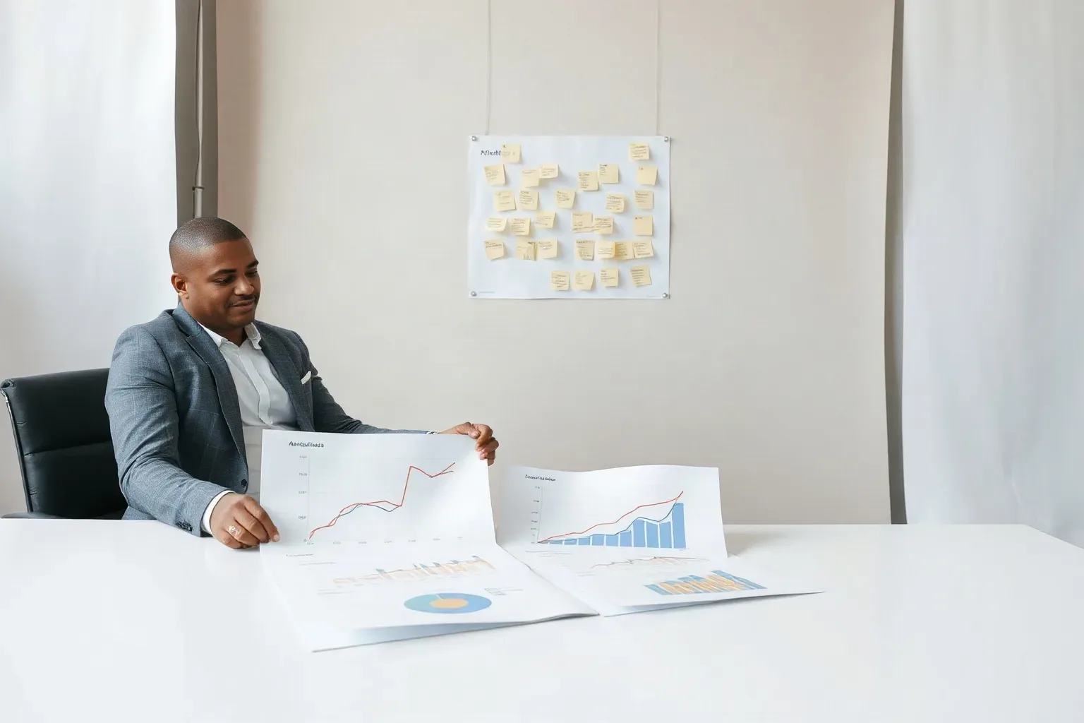 A marketing professional seated at a desk laying three printed analytics charts end to end and comparing trend lines across them while sticky-note keyword clusters on the wall provide a reference framework
