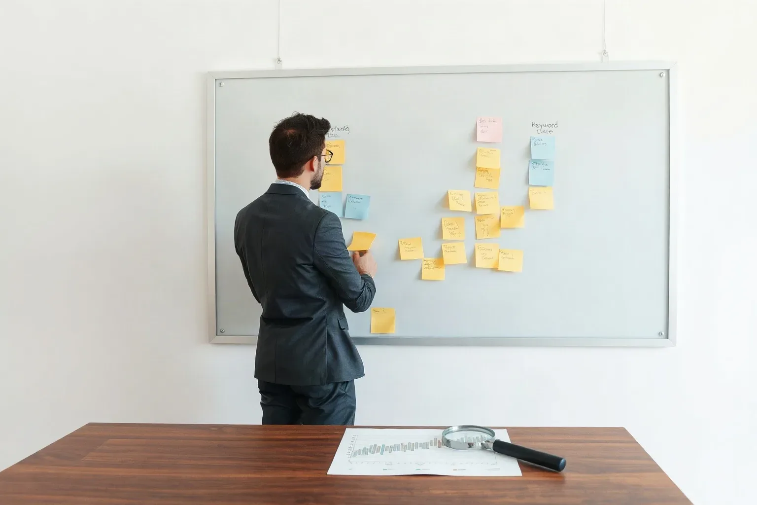 A marketing professional standing at the wall planning area adding a new sticky-note keyword cluster branch while a magnifying glass rests on a printed line chart on the desk to one side