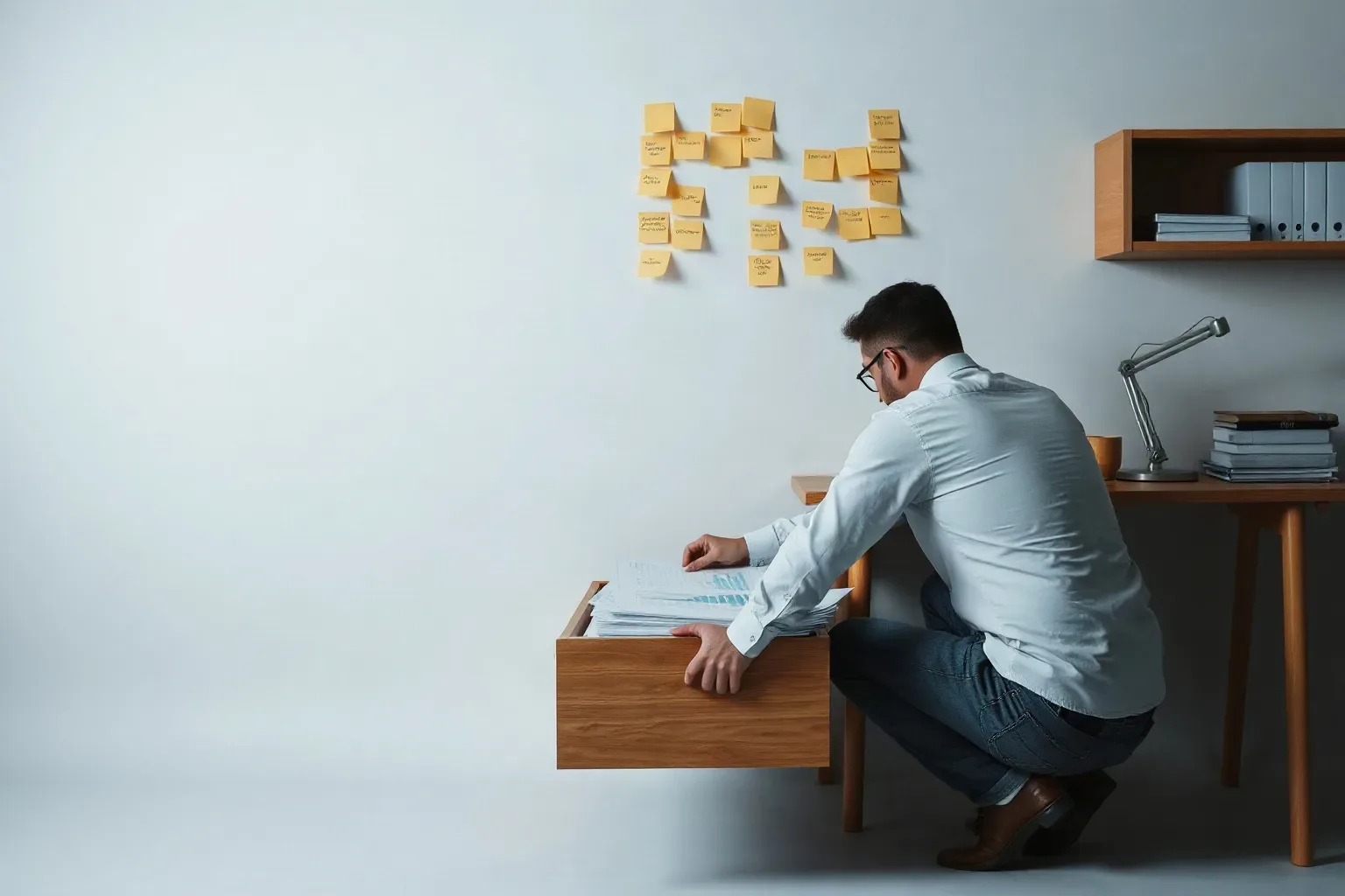 A person crouches to look through an open desk drawer full of papers, with yellow sticky notes arranged on the wall above