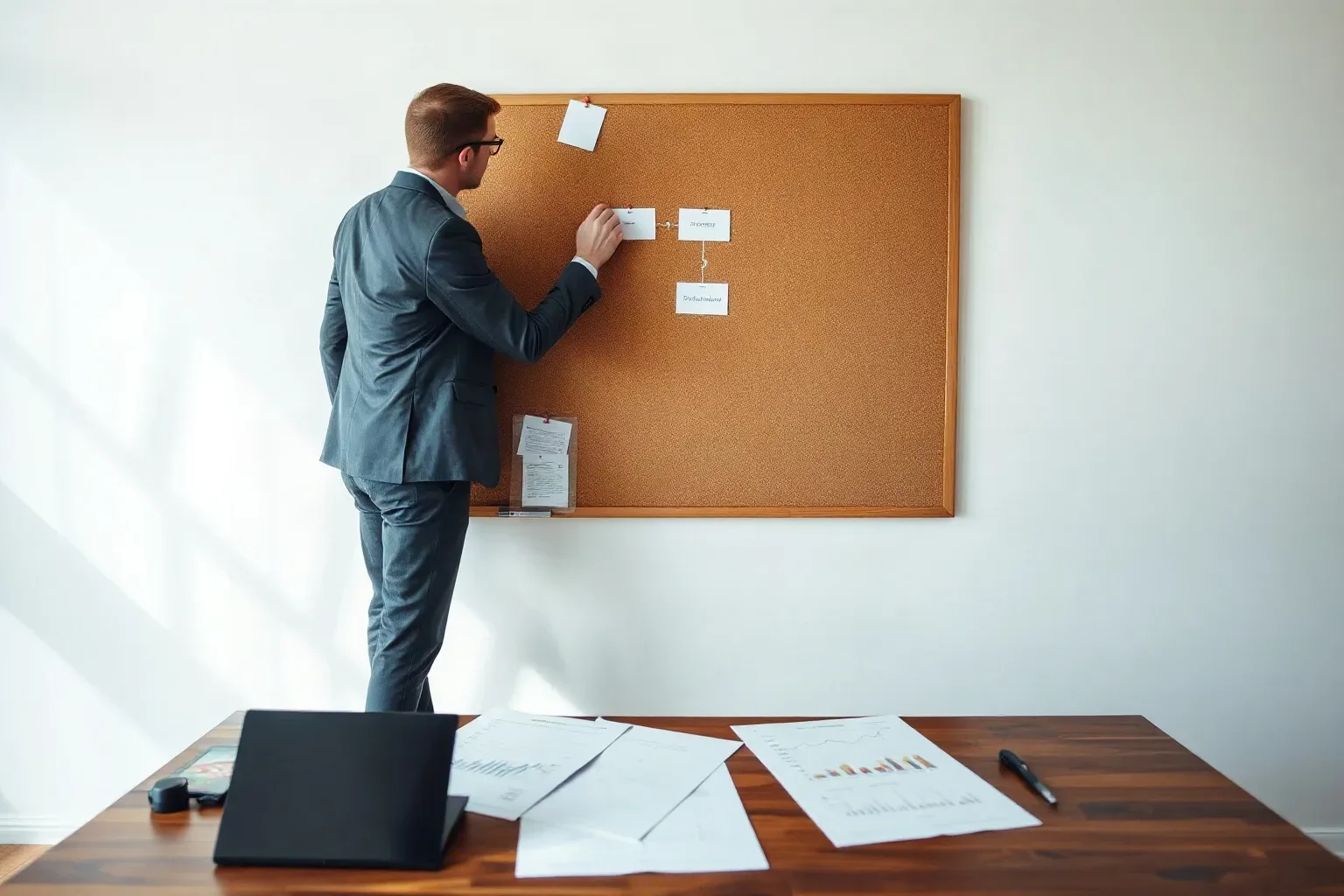 A marketing professional standing at a corkboard pressing a structured flowchart diagram pin into place while a spread of printed line charts rests on the desk beneath