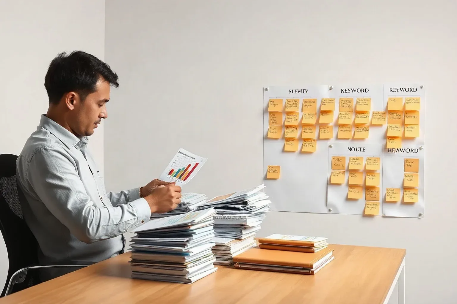 A marketing professional seated at a desk sorting printed bar charts into labelled piles while consulting a sticky-note keyword hierarchy arranged in columns on the wall opposite