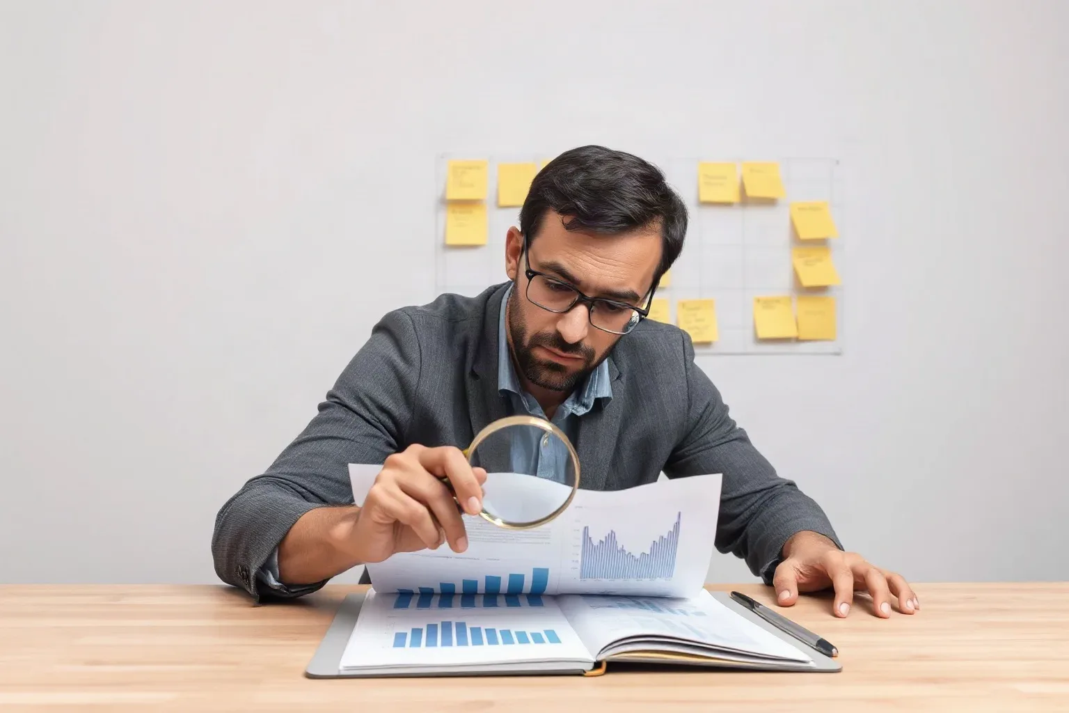 A marketing professional leaning over a desk and resting a magnifying glass on a printed analytics document while referencing a sticky-note keyword cluster wall behind