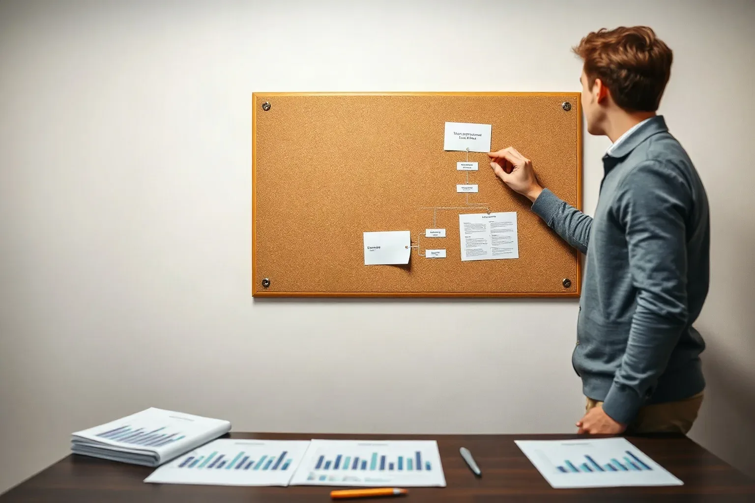 A marketing professional standing side-on to a corkboard and tracing a finger along a structured flowchart diagram pinned to it while a row of printed bar charts lines the desk below