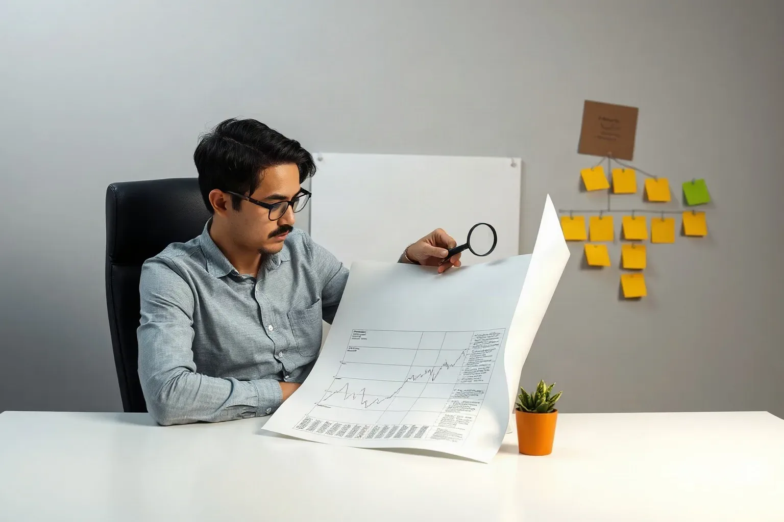 A marketing professional seated at a desk holding a magnifying glass over a densely annotated printed line chart while a partial sticky-note keyword hierarchy is visible on the wall to one side