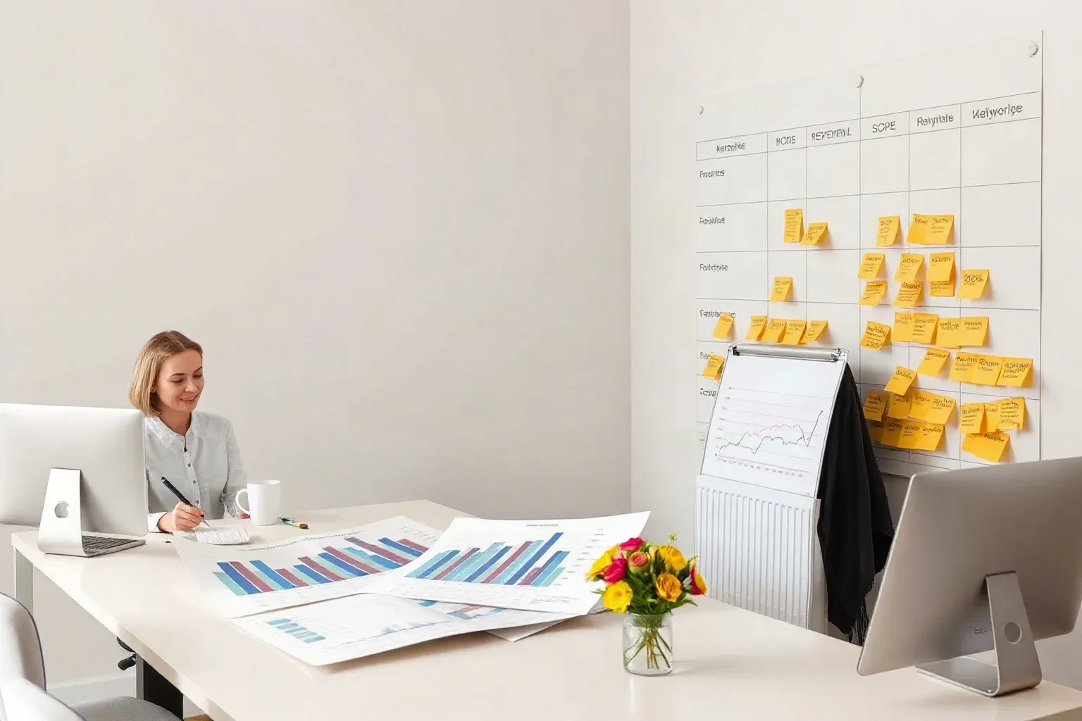 A marketing professional at a desk spreading printed bar charts that show retainer scope tiers from foundational to comprehensive while a sticky-note keyword cluster hierarchy on the wall organises deliverable categories for each tier