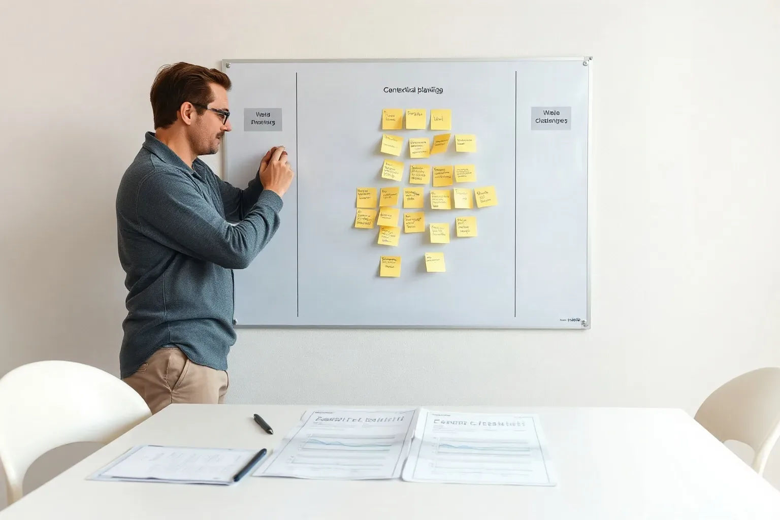 A person wearing glasses arranges yellow sticky notes on a wall-mounted board in a meeting room, with papers spread across a table in the foreground