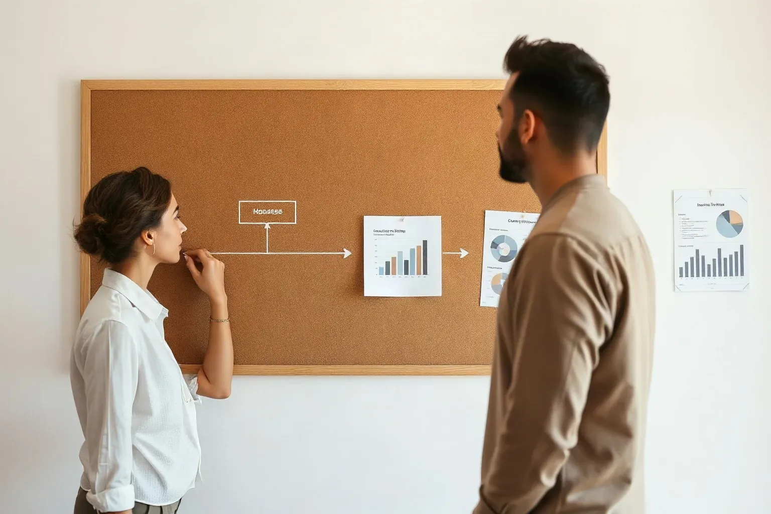 Two people stand before a cork noticeboard examining a flow diagram and pinned charts in an office setting