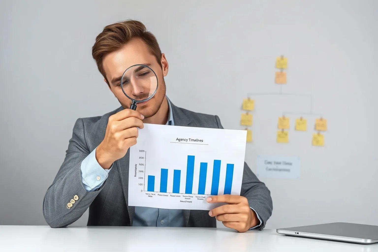 A marketing professional at a desk placing a magnifying glass over a printed bar chart that shows agency ramp-up timelines against in-house onboarding timelines while a sticky-note keyword cluster hierarchy on the wall groups the relevant comparison factors