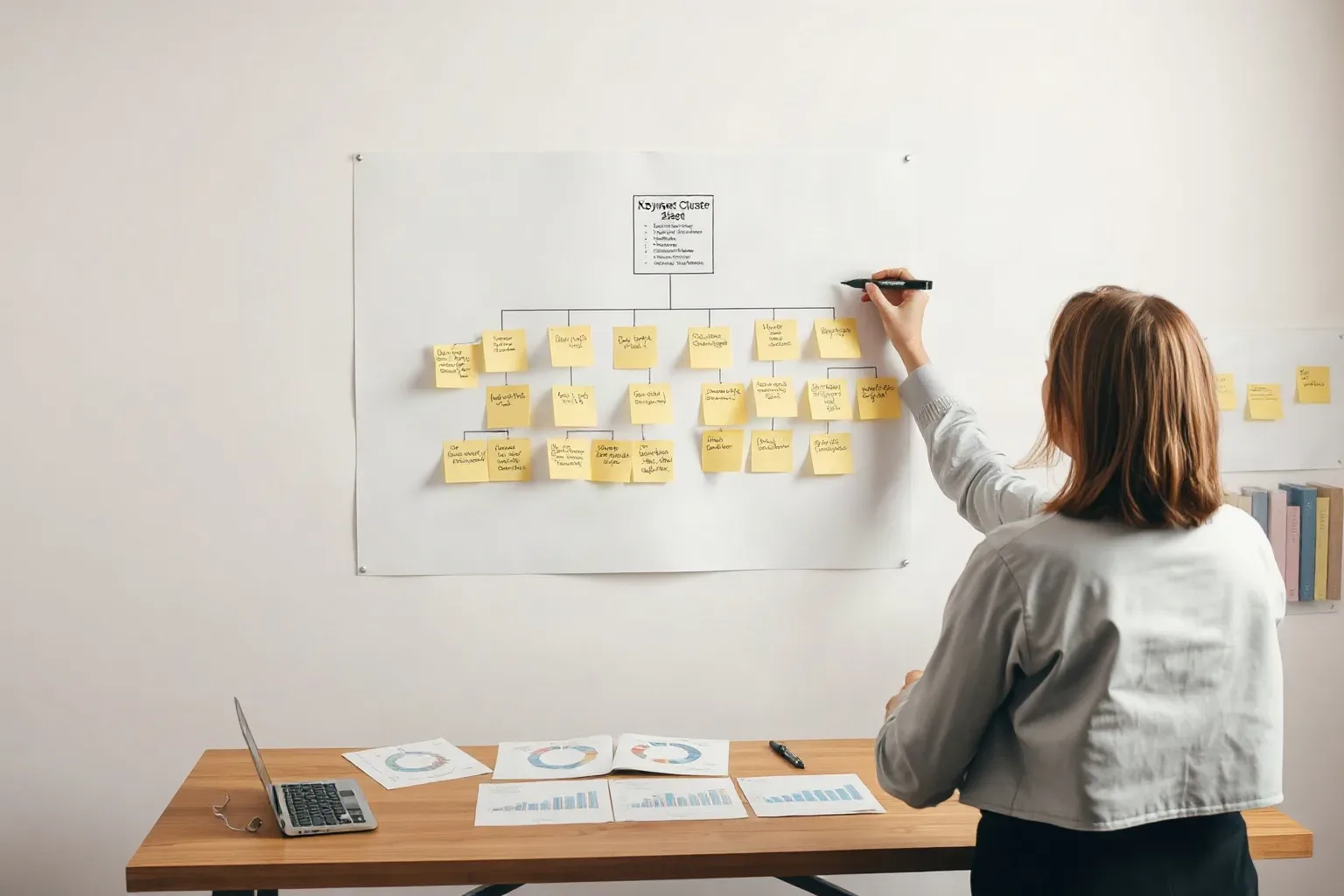 A marketing professional at a wall planning area drawing a decision tree in marker across the upper section of the sticky-note keyword cluster hierarchy while printed analytics charts showing budget thresholds are arranged on the desk below