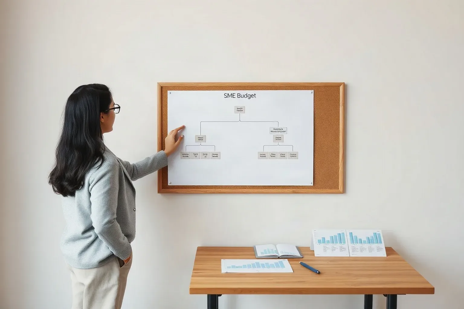 A person in glasses points at a flowchart diagram pinned to a corkboard on a wall, beside a desk holding open notebooks and printed bar charts