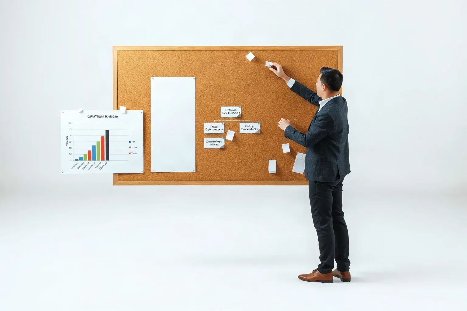 A person in a suit pins a note to a large cork board displaying sticky notes arranged in a cluster, beside a printed bar chart