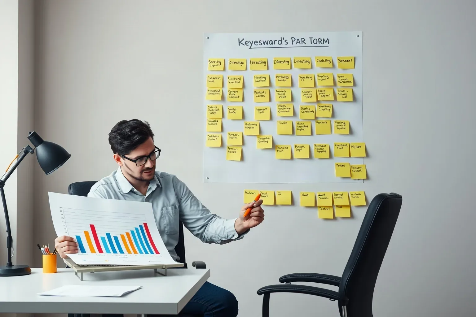 A marketing professional seated at a desk annotating a printed bar chart with a coloured marker while a tiered sticky-note keyword cluster on the wall behind organises directory names by priority
