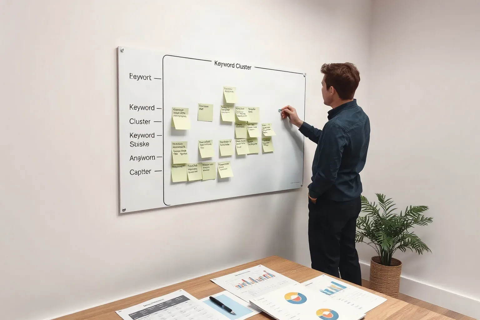 A person arranges sticky notes in a grid on a large whiteboard covered in keyword cluster labels, with printed charts laid out on a desk in front of them
