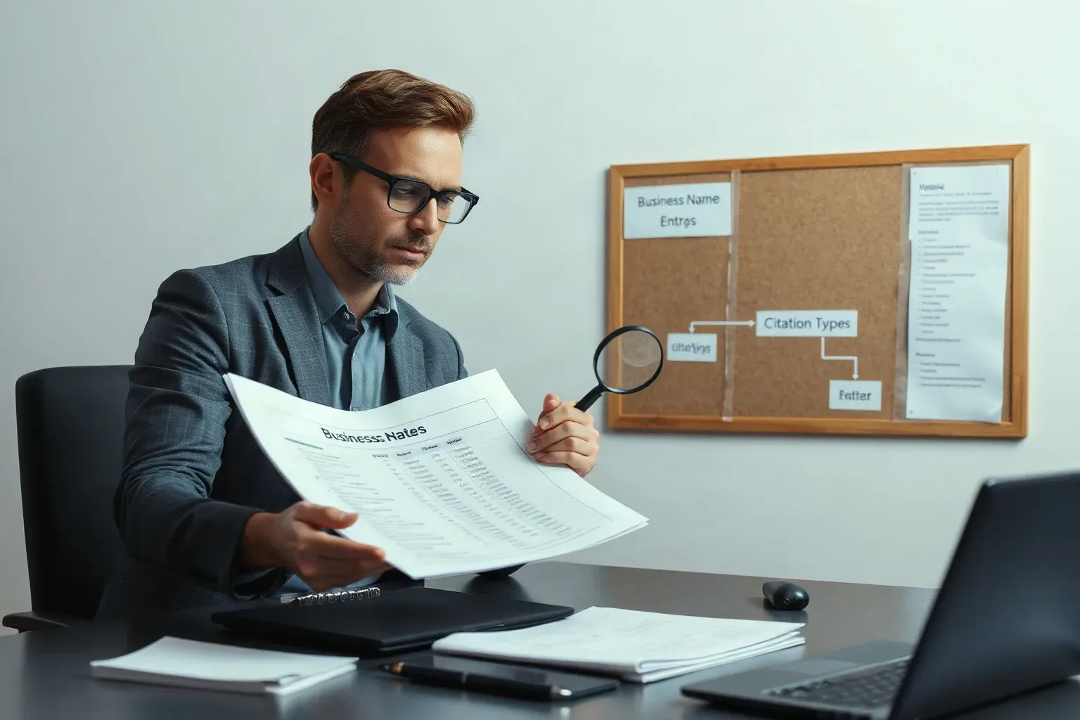 A marketing professional at a desk pressing a magnifying glass onto a printed document comparing two columns of business-name entries while a structured flowchart diagram on the nearby corkboard shows the relationship between citation types