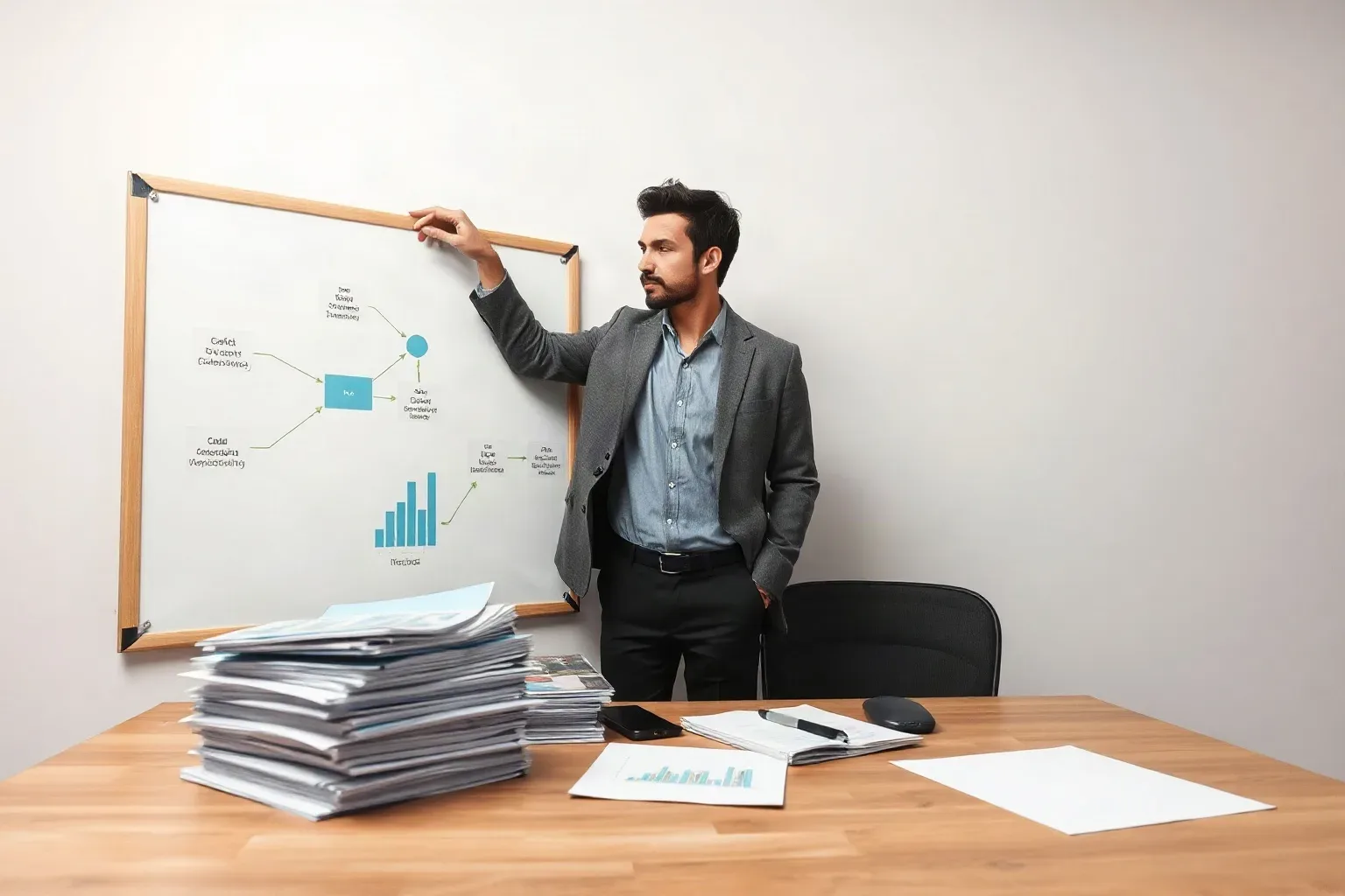 A person in a grey blazer stands beside a whiteboard displaying a flowchart and bar chart, next to a desk stacked with papers