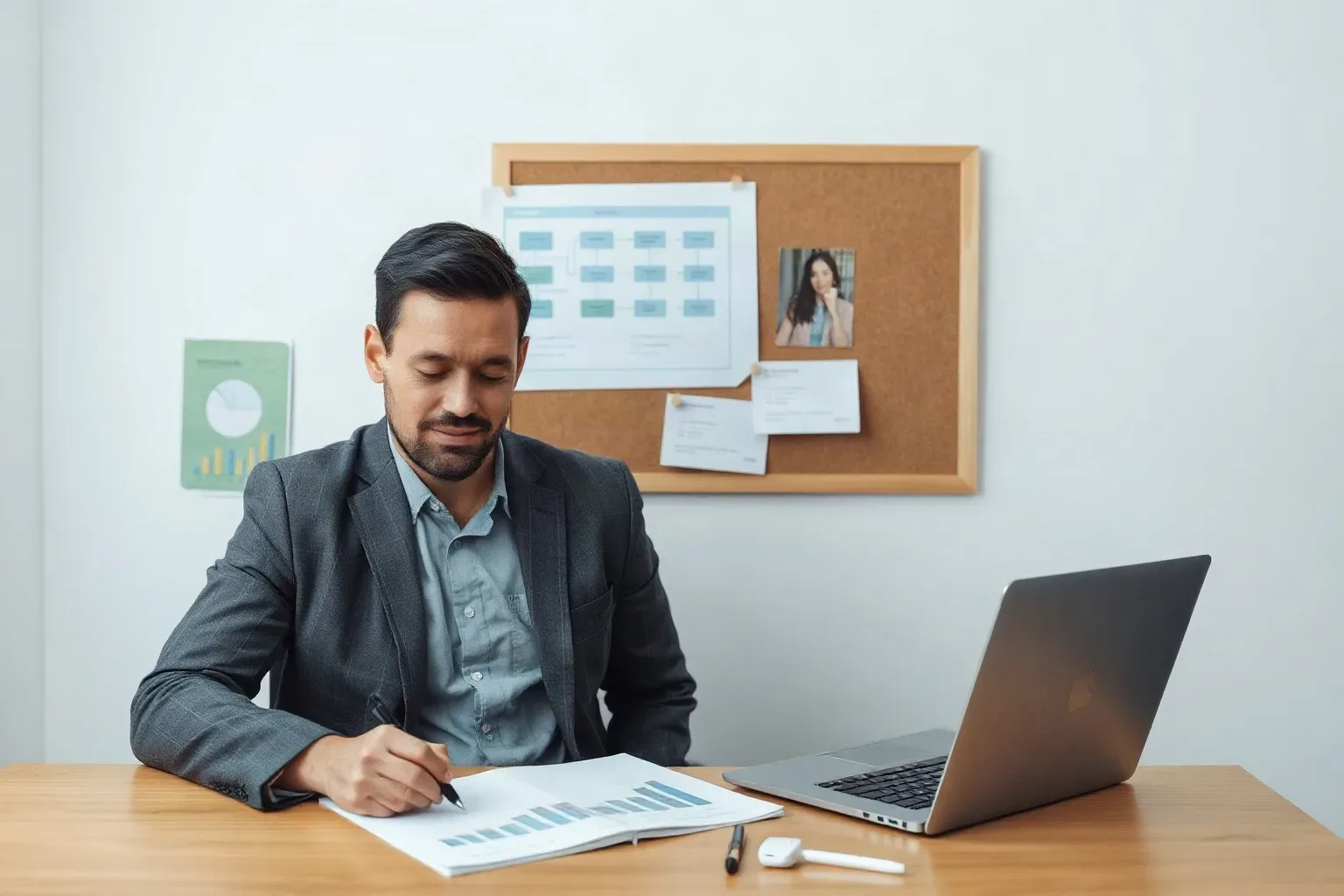 A person in a blazer sits at a desk writing on a printed bar chart document, with a laptop open beside them and a corkboard on the wall behind